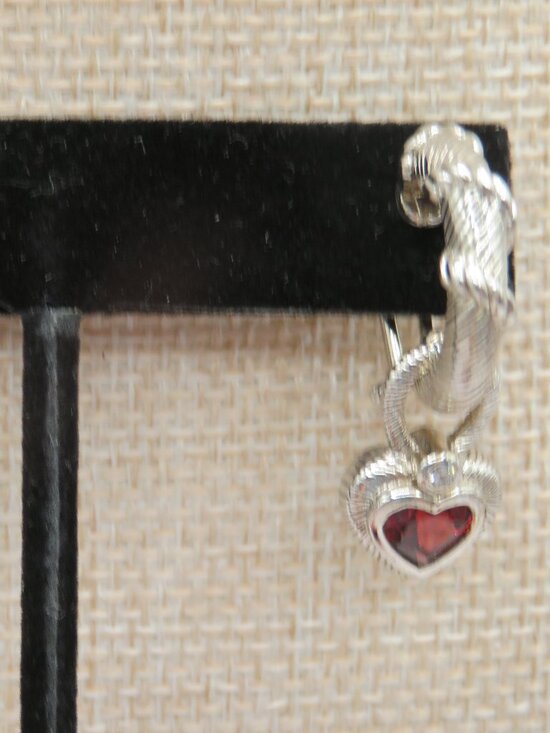Judith Ripka Sterling Silver 925 Red CZ Heart Charm Hoop Earrings - Picture 4 of 9